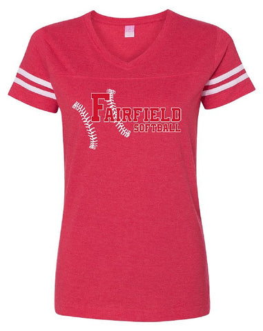 Fairfield Softball Women's Stripe V-Neck Fine Jersey Tee